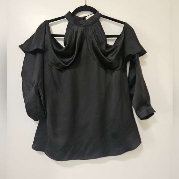 Parker Sonelle Mock-Neck Cold-Shoulder Silk Satin Blouse Color Black - Picture 1 of 9